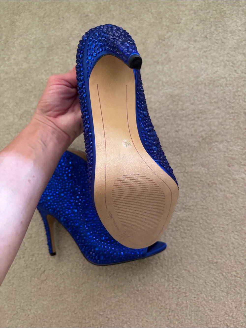 NWOT INC Blue Crystal Embellished Peep-Toe High Heel Booties - Picture 6 of 8